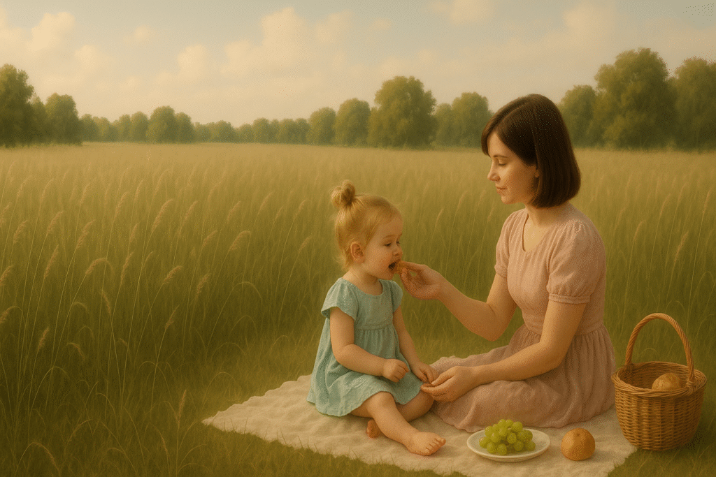 green whimsical field with mom feeding daughter