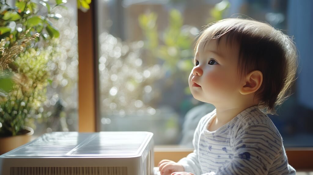a curious baby gazes thoughtfully at sunlight streaming through a window, surrounded by plants.