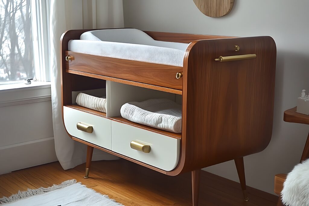 mid century modern baby changing table with storage drawers in a nursery.