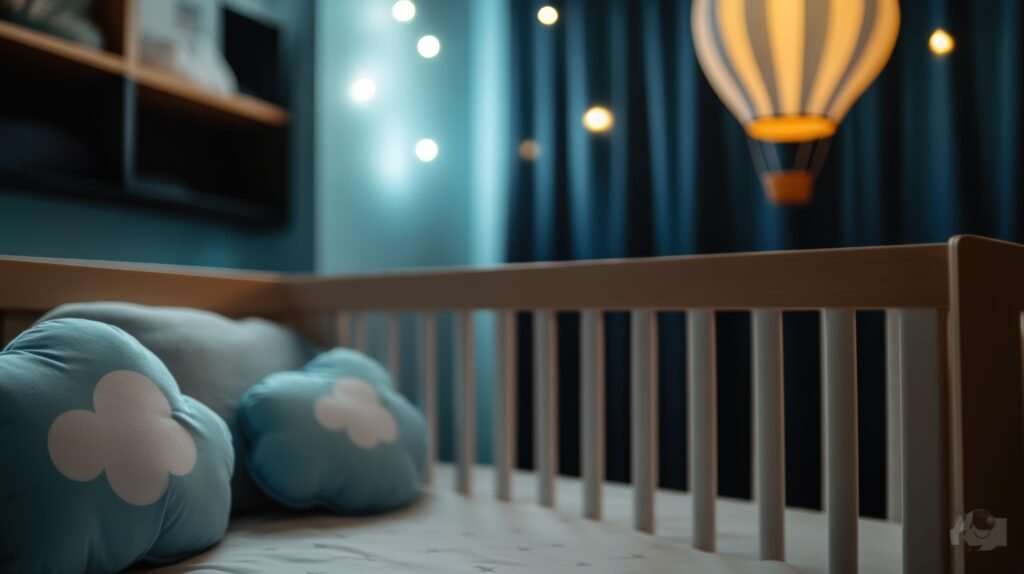 baby crib, cloud pillows, night lights, hot air balloon decor, nursery
