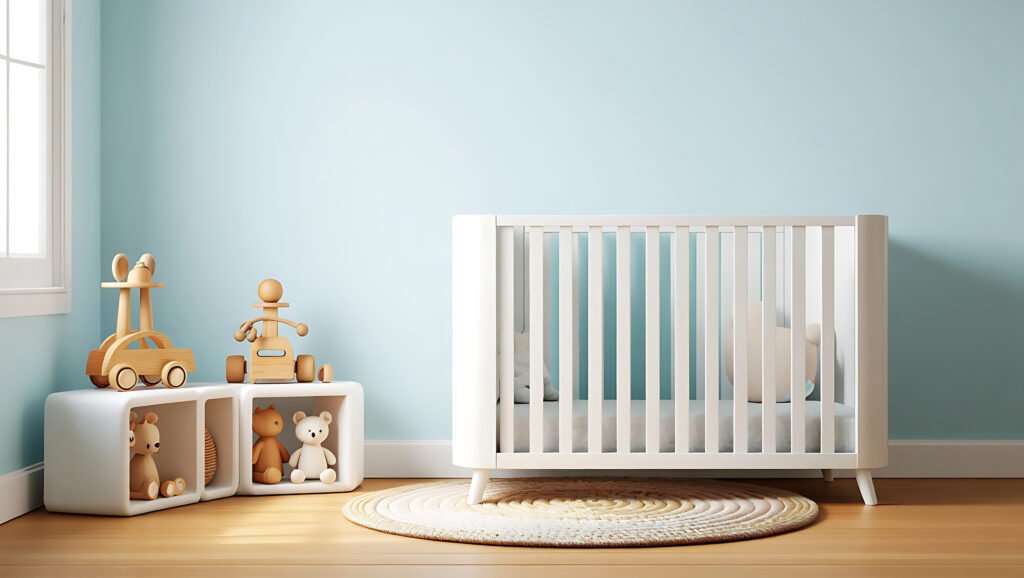 white baby crib with wooden toys on blue wall background