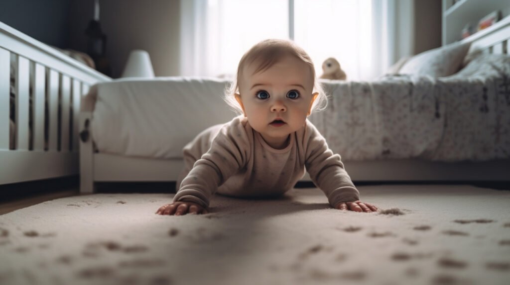 image of a baby crawling on the bed in her room
