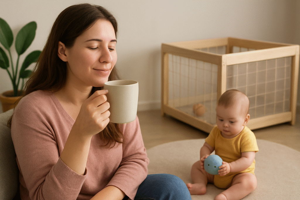 Simple Self-Care Ideas for Tired Moms mom having some tea while baby is playing self care for moms