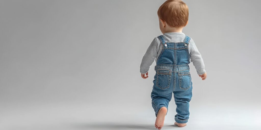 toddler walks away on a gray background wearing denim overalls and striped shirt