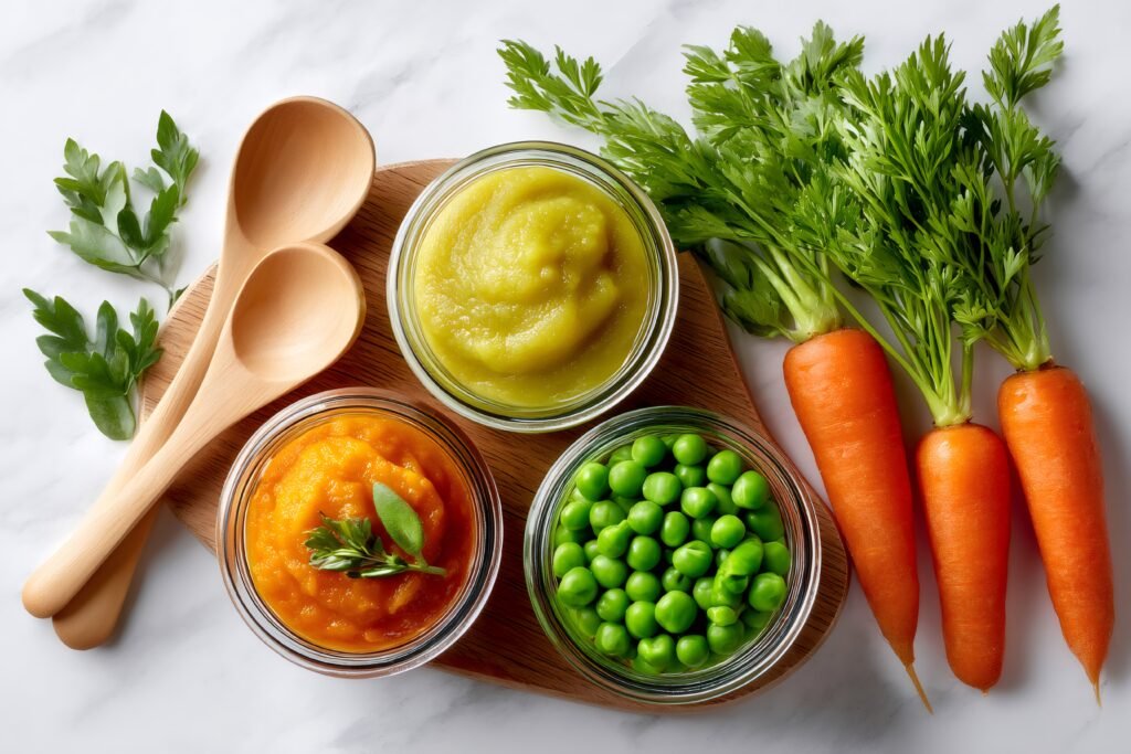 introducing solid food to babies using colorful vegetable purees