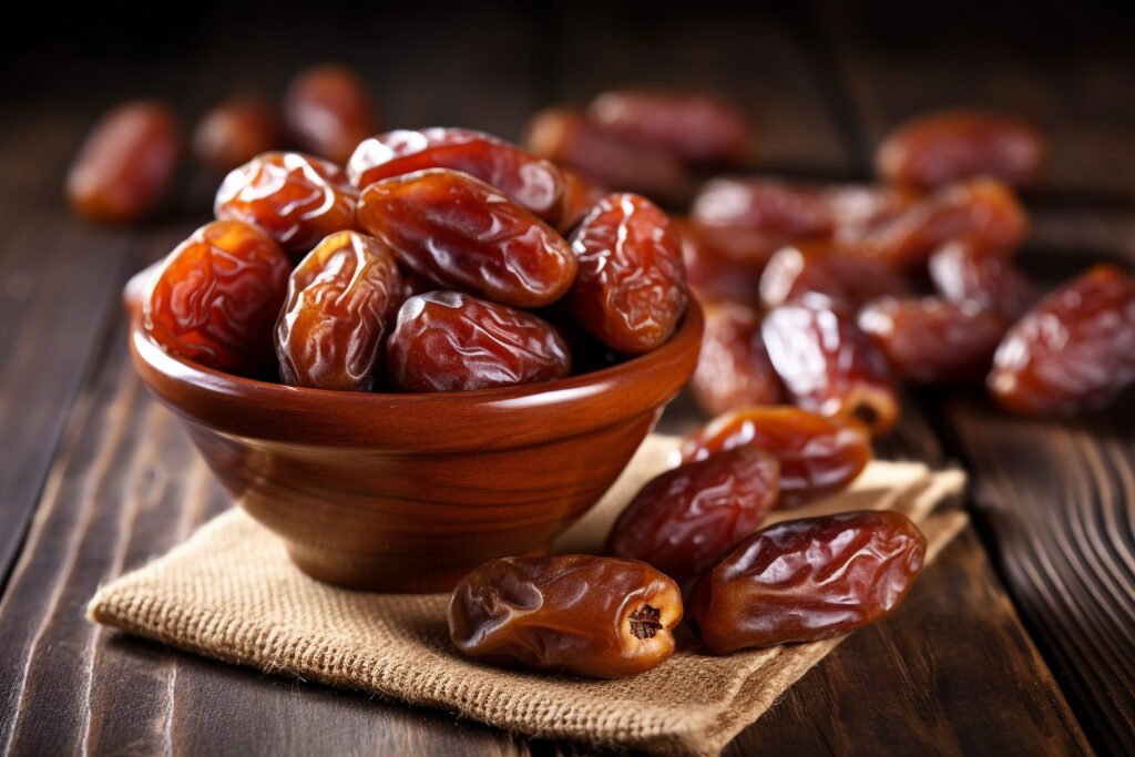 dried dates fruits on wooden table background.generative ai.