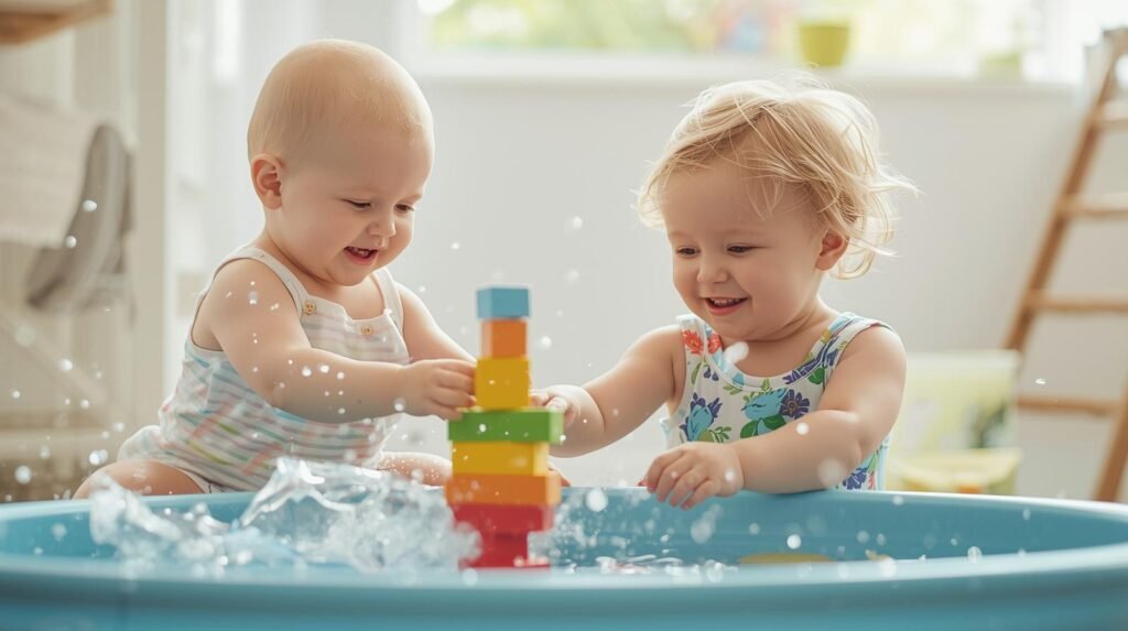 make me a photorealistic picture of a fun and simple activities for a baby and a toddler