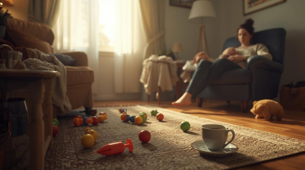 make me a wide photorealistic picture describing a scenery for a not so perfect life with a baby