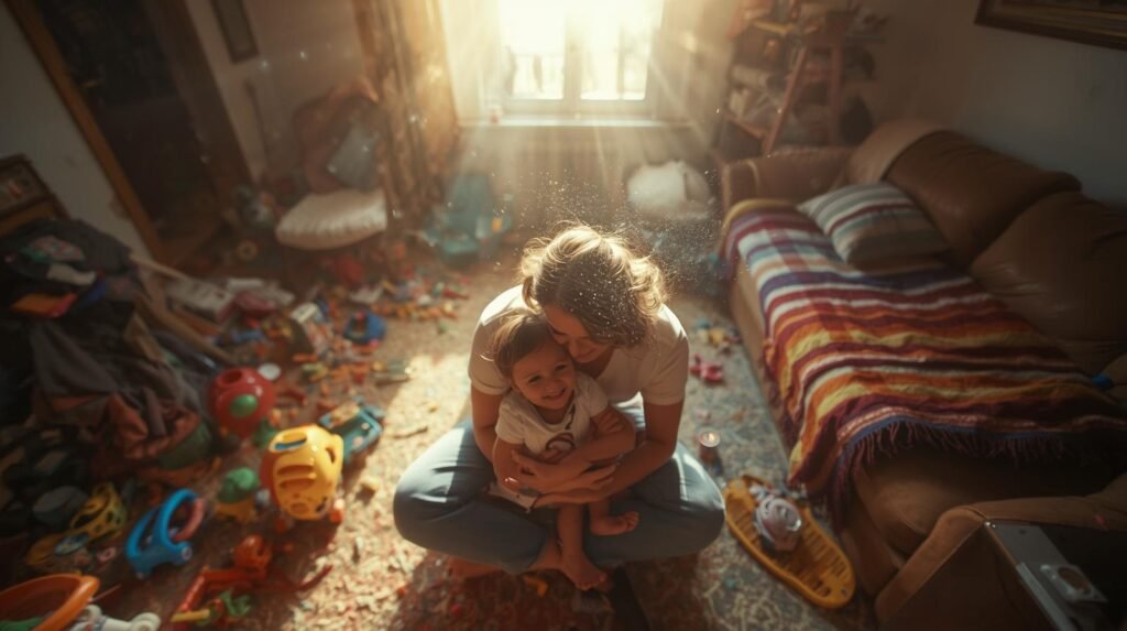 make me a wide photorealistic picture of a mom embracing her toddler in a messy room