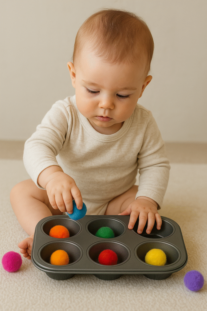 10 Easy Sensory Play Ideas for 1-Year-Olds muffin sorting tin sensory play