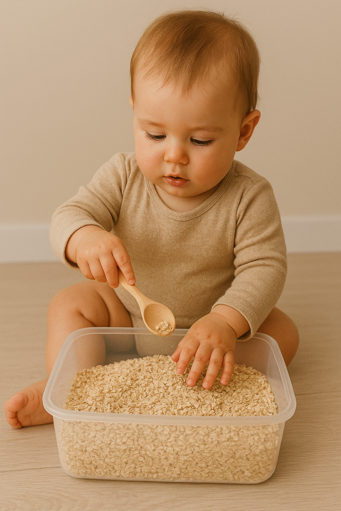 10 Easy Sensory Play Ideas for 1-Year-Olds oatmeal bin sensory play