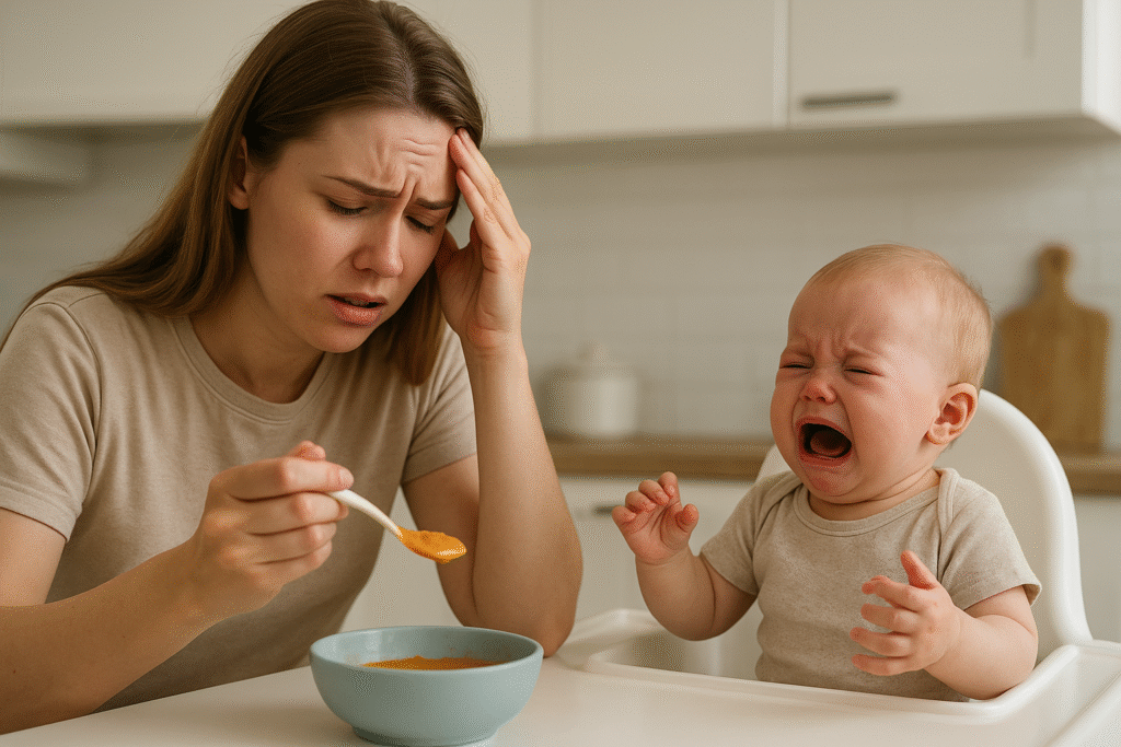 The Science of Textures stressed mom trying to feed baby puree but he doesn