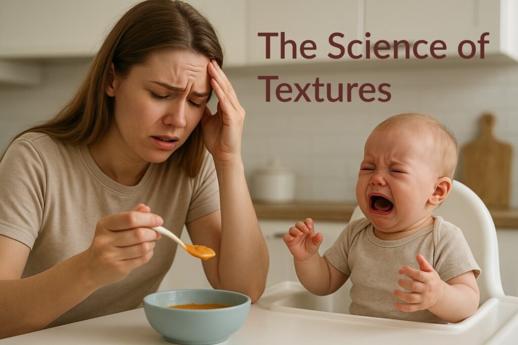 stressed mom trying to feed baby puree but he doesn't like the texture banner