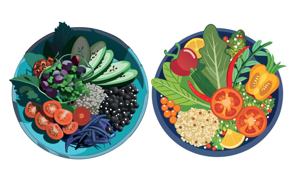 two plates with different types of vegetables and fruits 51292608