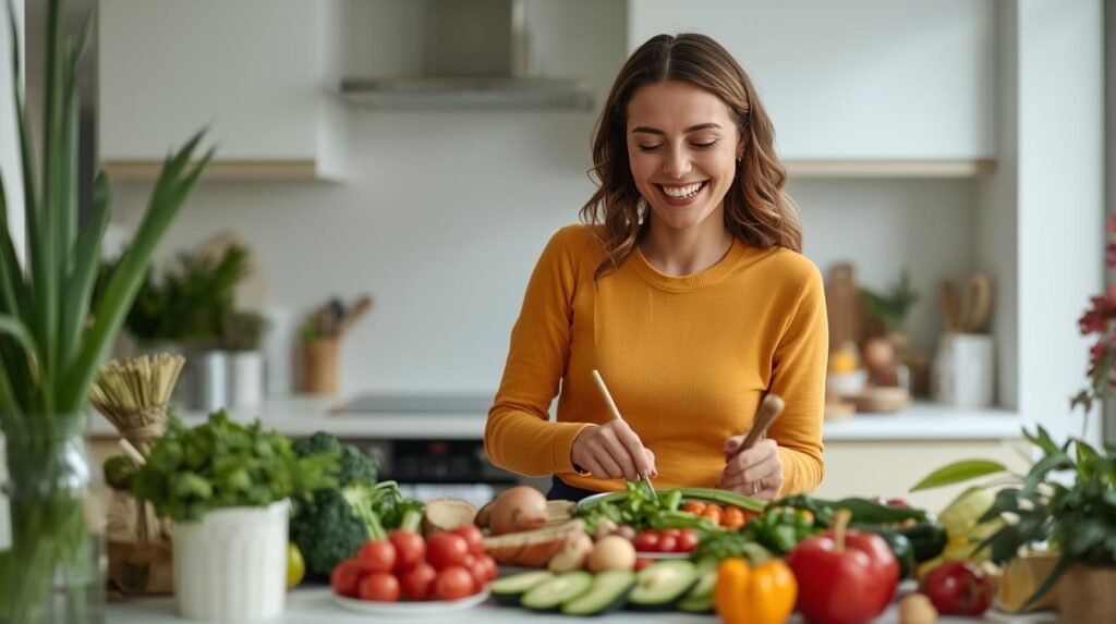 mom in kitchen cooking plant based meals