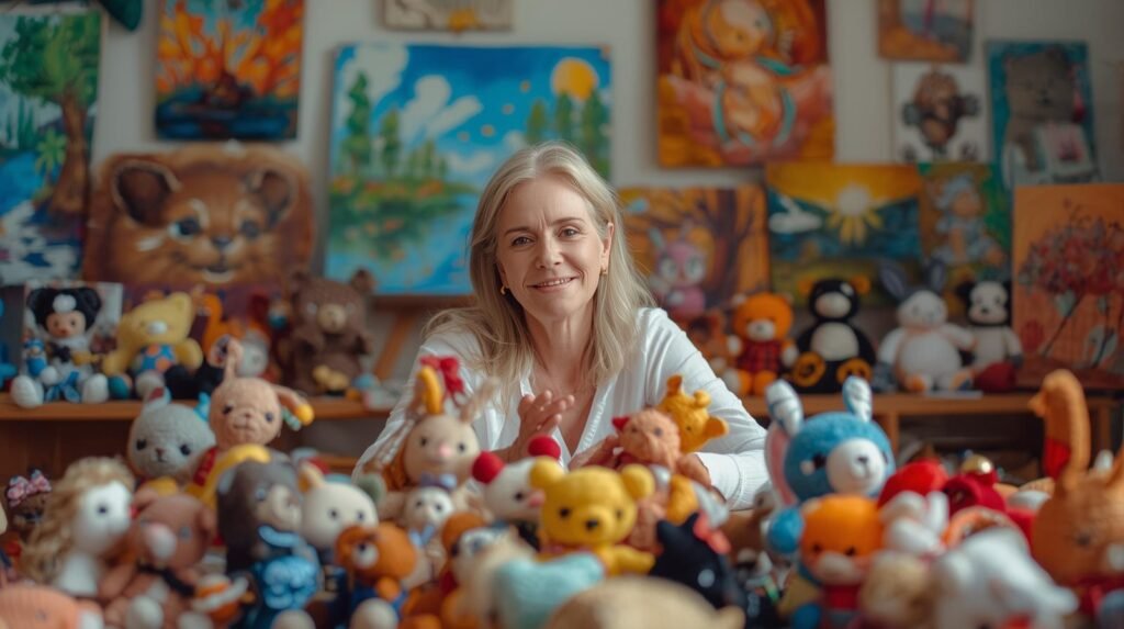 mom in an arts and crafts room surrounded by paintings made on wood and amigurumi toys (1)