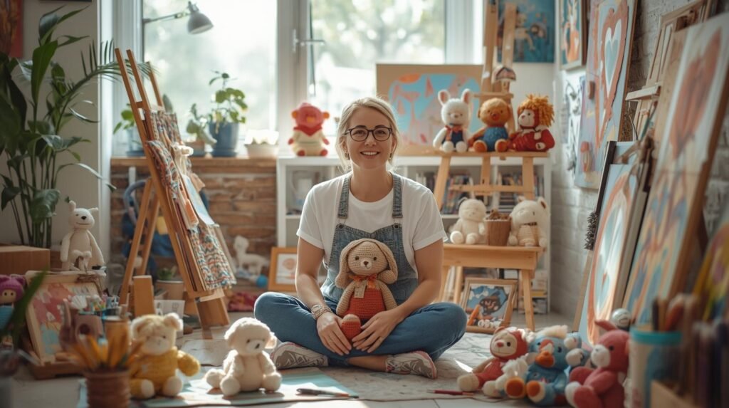 mom in an arts and crafts room surrounded by paintings made on wood and amigurumi toys