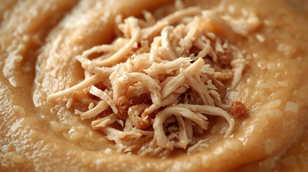 shredded turkey very finely and mixed with purée realistic picture