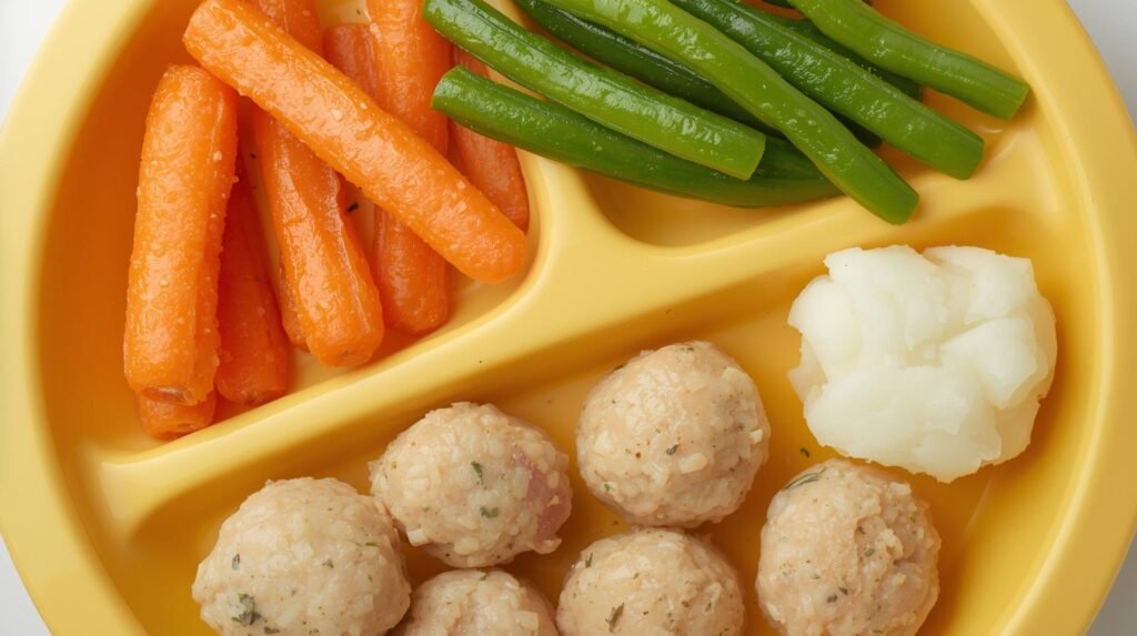 soft roasted carrot sticks, steamed green beans (very soft), small turkey meatballs (no salt), mini mashed potato patties, all put on a cute baby plate