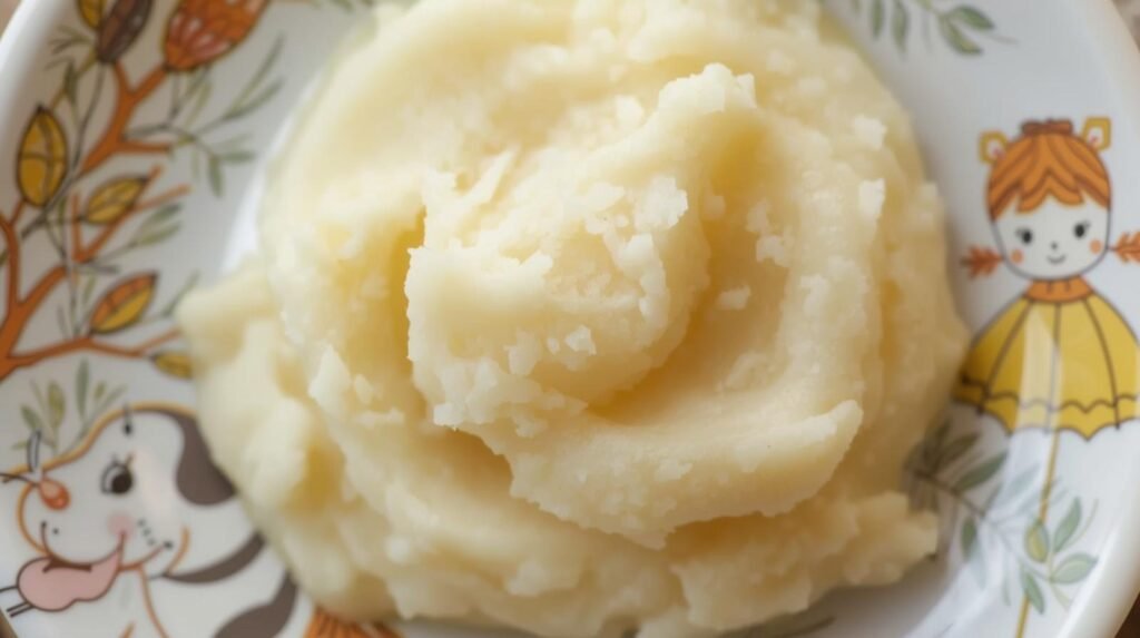 mashed potatoes on a cute baby plate
