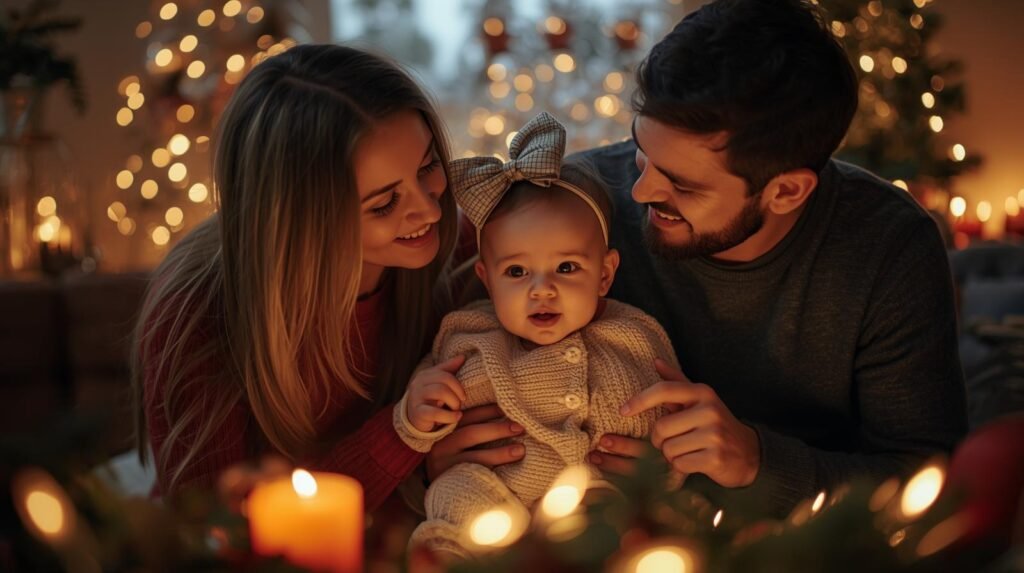 mom and dad with baby celebrating christmas realistic (1)