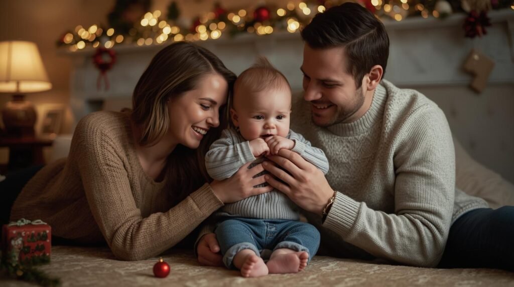 mom and dad with baby celebrating christmas realistic