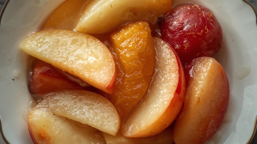 steamed apple slices, steamed pear slices and steamed plums on a little baby plate